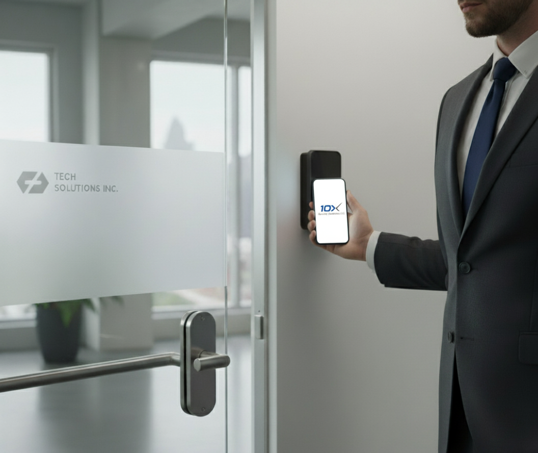 Professional using mobile access control at secure entrance
