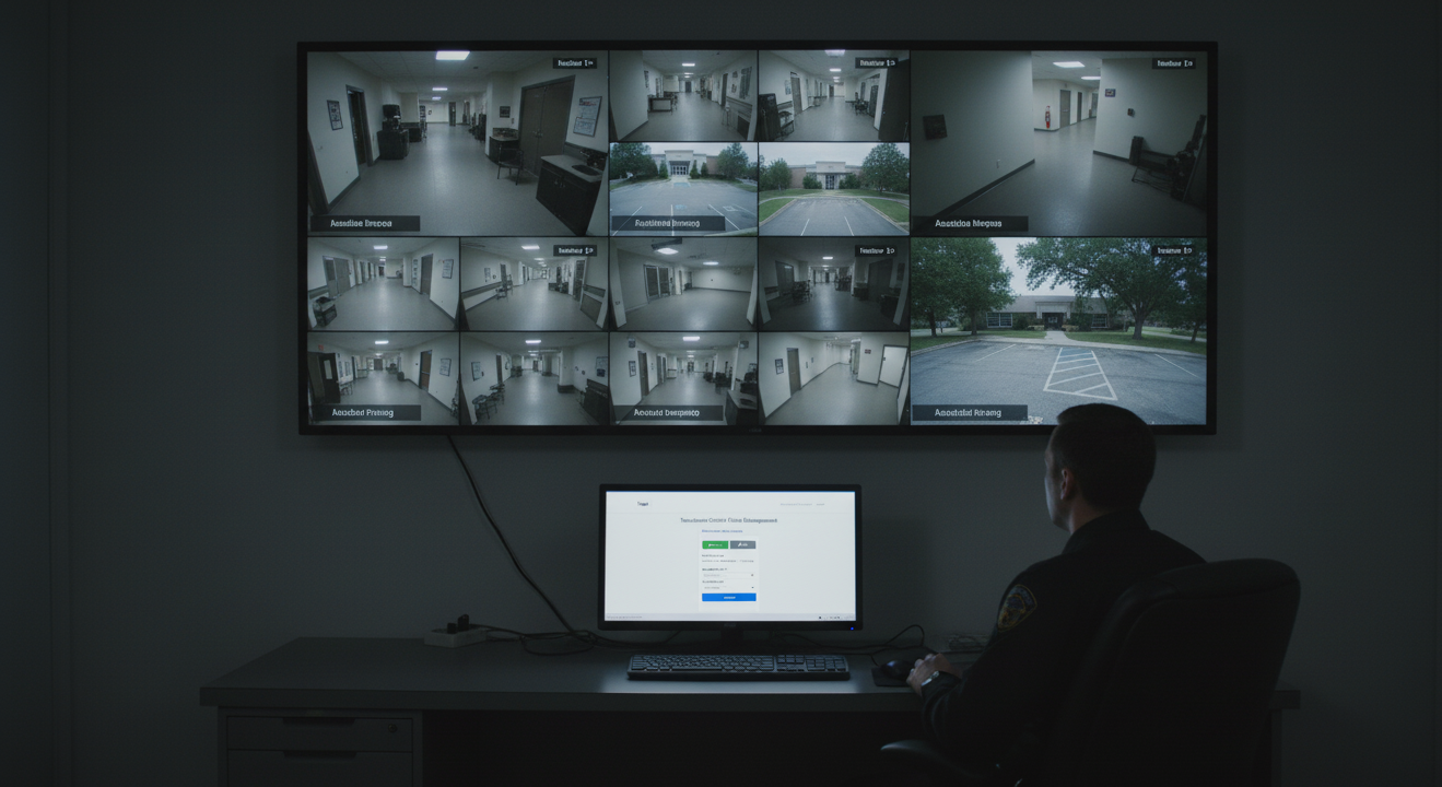 Security operations center with video monitoring wall
